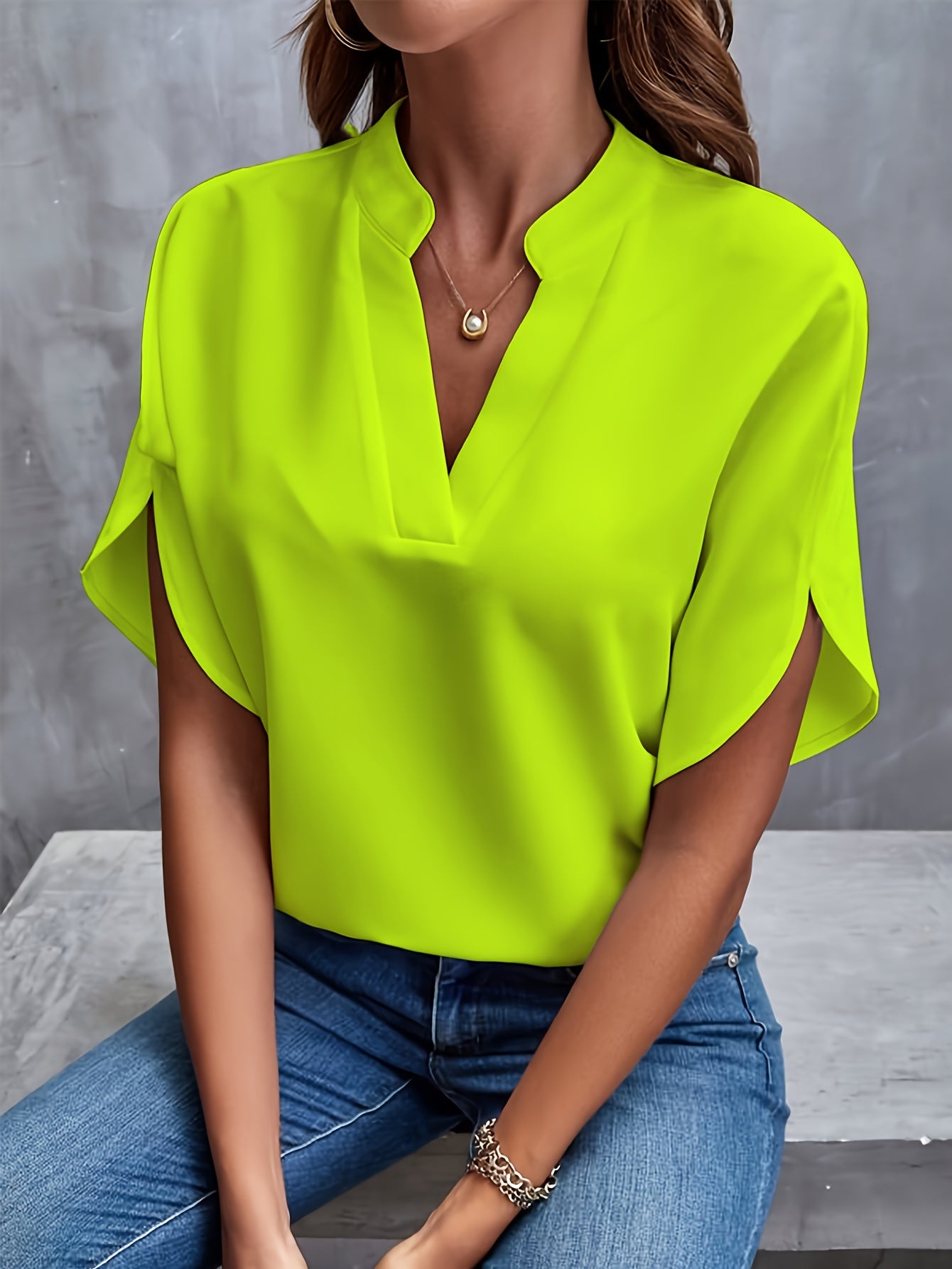 Solid Color Notch Neck Blouse, Casual Short Split Sleeve Blouse For Spring & Summer, Women's Clothing