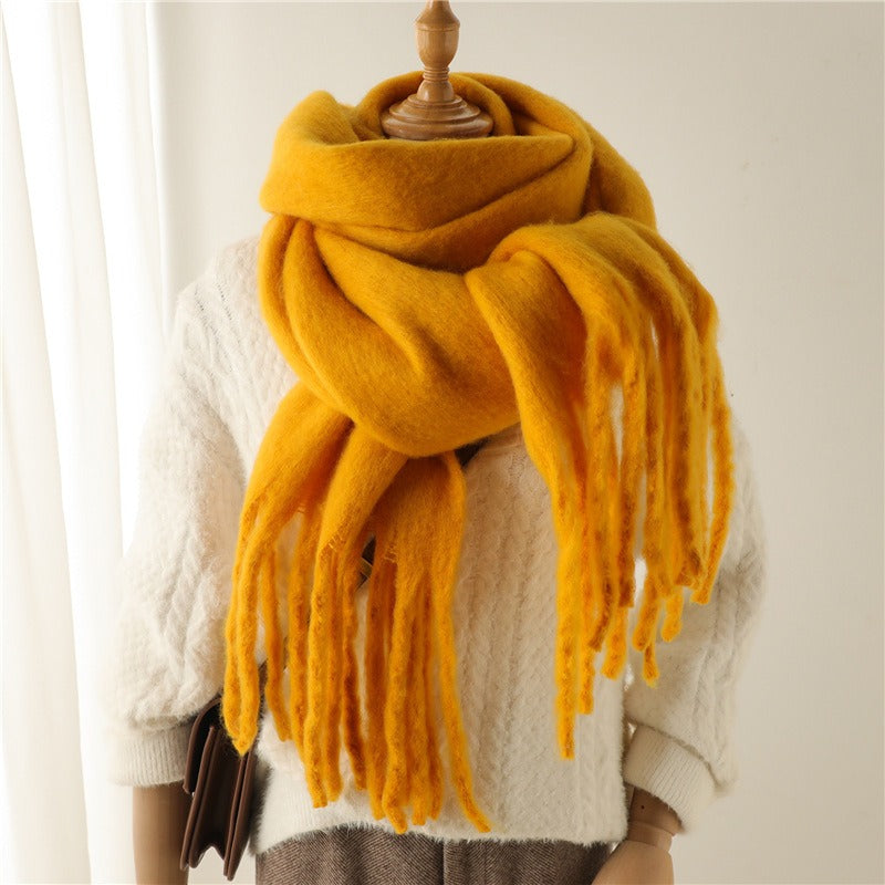 Mohair Scarf Solid Color Versatile Winter Warmth Lengthened Tassel Neck Scarf for Men and Women with Thick Beads Scarf - Mammalook