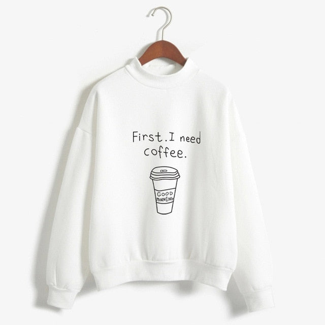 Herbst Winter Frauen Harajuku Hoodies Kawaii I Need Coffee Brief Drucken Sweatshirt Langarm Rollkragen Fleece Mädchen Pullover