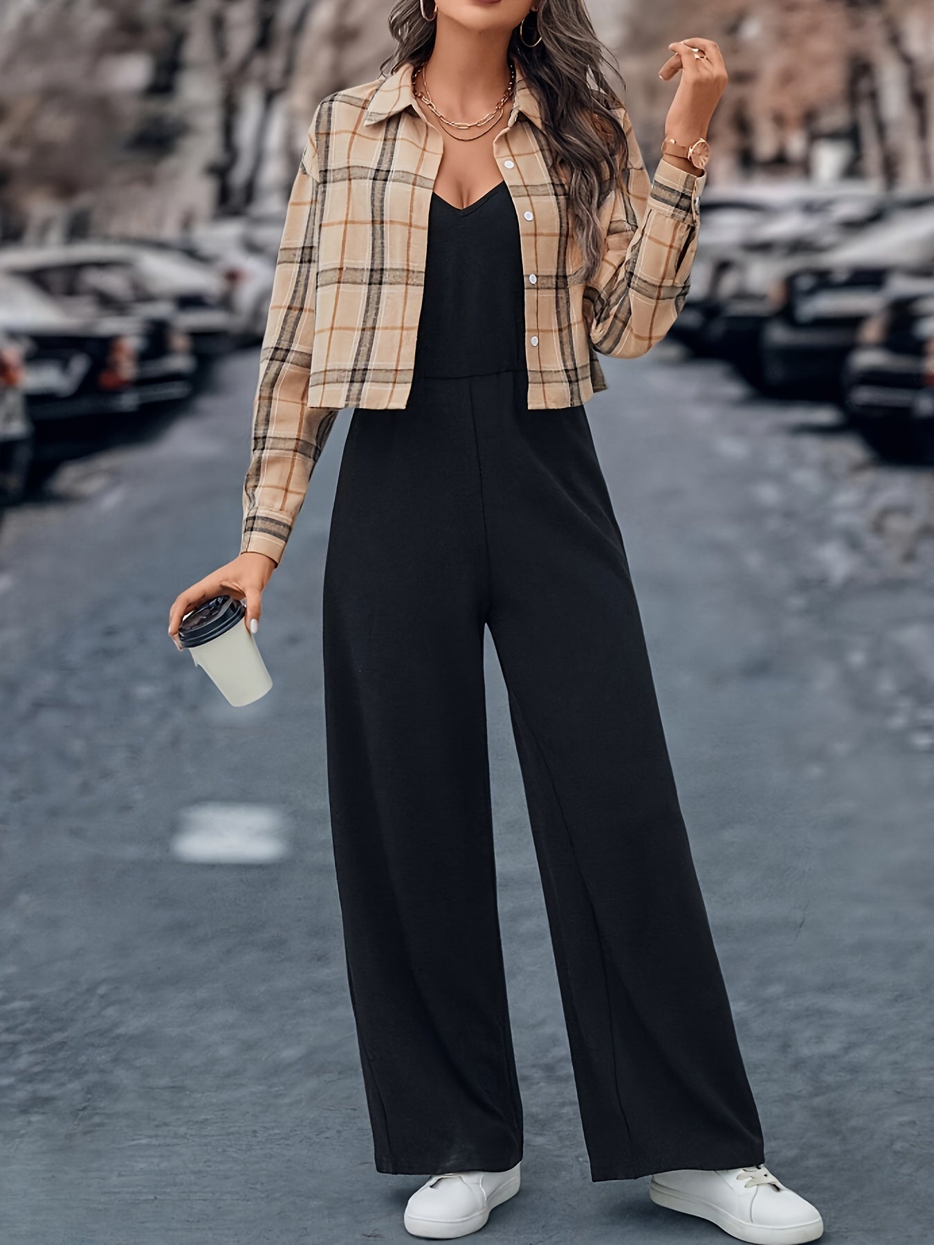 Women’s Casual Two-Piece Set: Plaid Button-Front Shirt & Solid Wide-Leg Jumpsuit - Mammalook