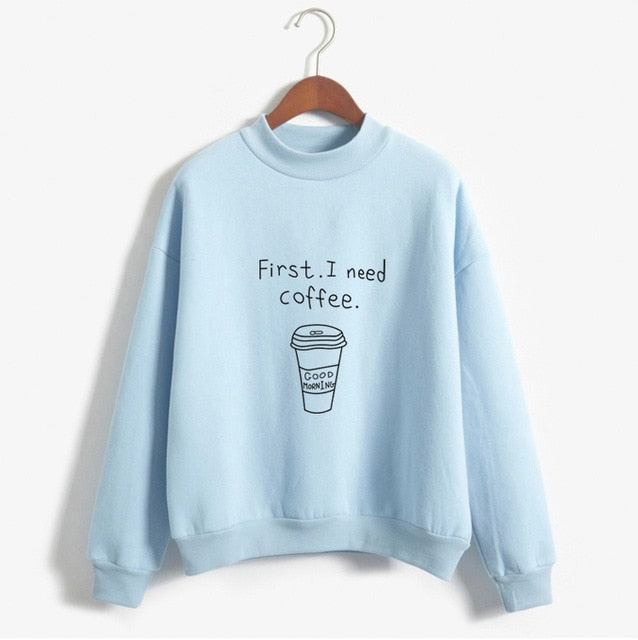 Herbst Winter Frauen Harajuku Hoodies Kawaii I Need Coffee Brief Drucken Sweatshirt Langarm Rollkragen Fleece Mädchen Pullover