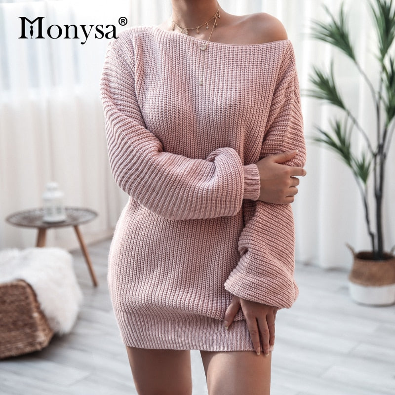 Off Shoulder Knitted Sweater Dresses For Women Autumn Winter Lantern Long Sleeve Dress Ladies Casual Dress White Black