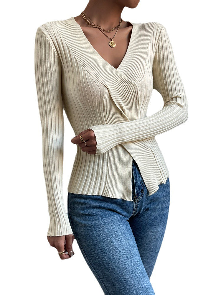 Herbst Damen Pullover V-Ausschnitt Kreuzknoten Langarm Top Slim Fit Bequeme geteilte einfarbige Strickmode