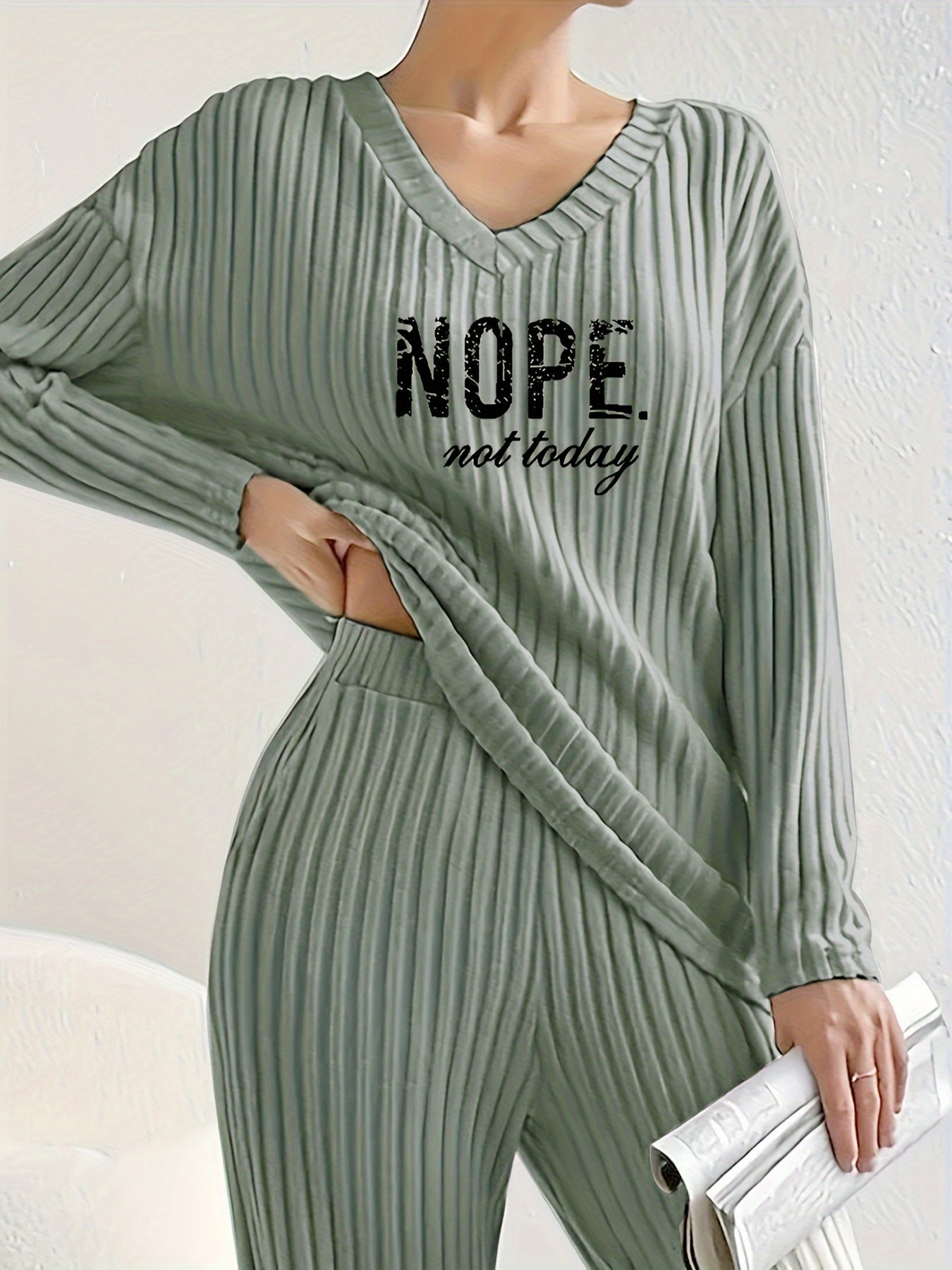 Women’s Casual Two-Piece Set: ‘NOPE’ Print V-Neck Long Sleeve T-Shirt & Solid Pants