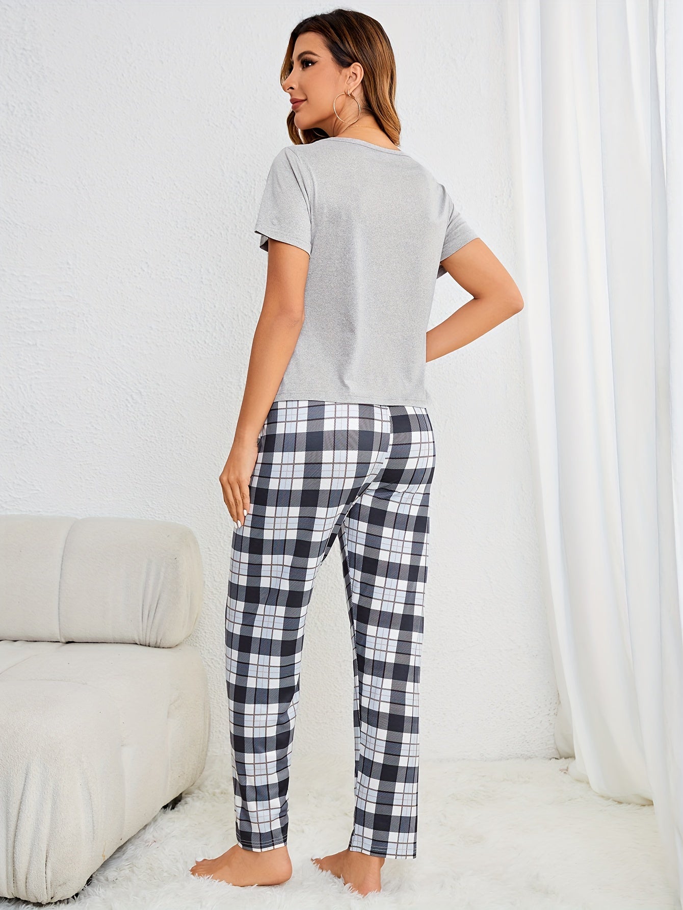 Letter Print Pajama Set, Casual Crew Neck Short Sleeve Tee Top & Plaid Print Elastic Waistband Pants, Women's Sleepwear & Loungewear