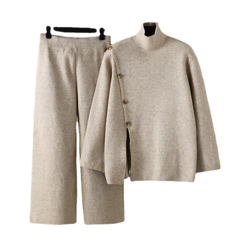 Design Sense Nischen-Stehkragen, offener Rollkragenpullover aus Strick, für Damen, für den Winter, warm, altersreduzierend, lässige Hose mit weitem Bein, zweiteiliges Set 