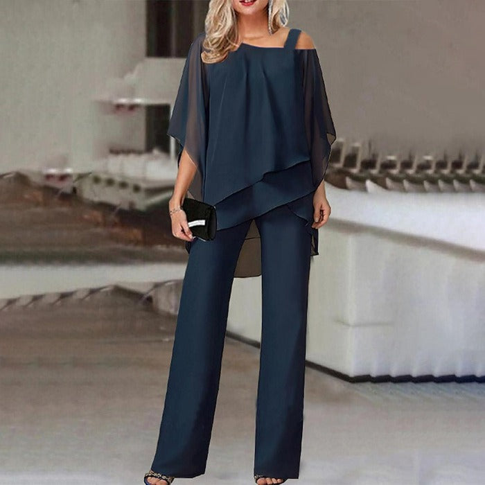 Women's New European and American Fashion Solid Color Loose Leisure Bat Sleeve Long Pants Irregular Fashion Casual Set