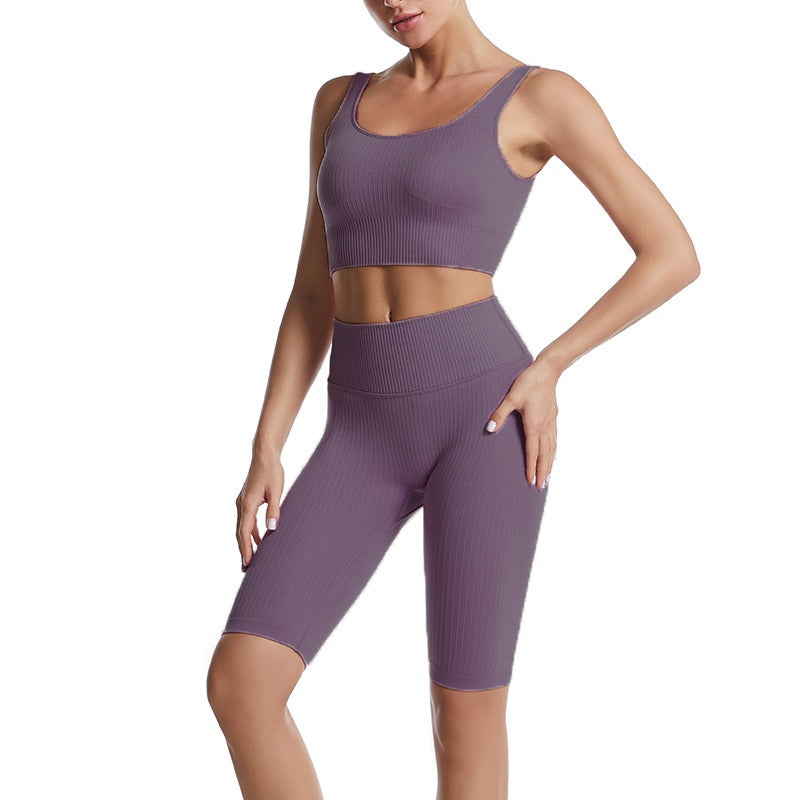 Threaded Yoga Suit Sportswear Summer Short-Sleeved Shorts Bra Tight-Fitting Clothes