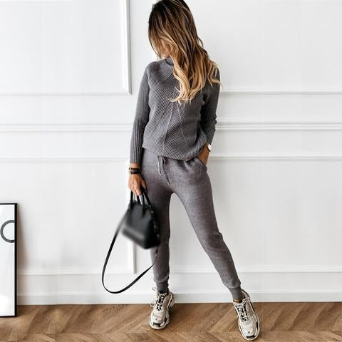 2-teiliges Set mit hohem Kragen, einfarbig, modisch, lässig, Oberteil, Hose, Pullover für Damen