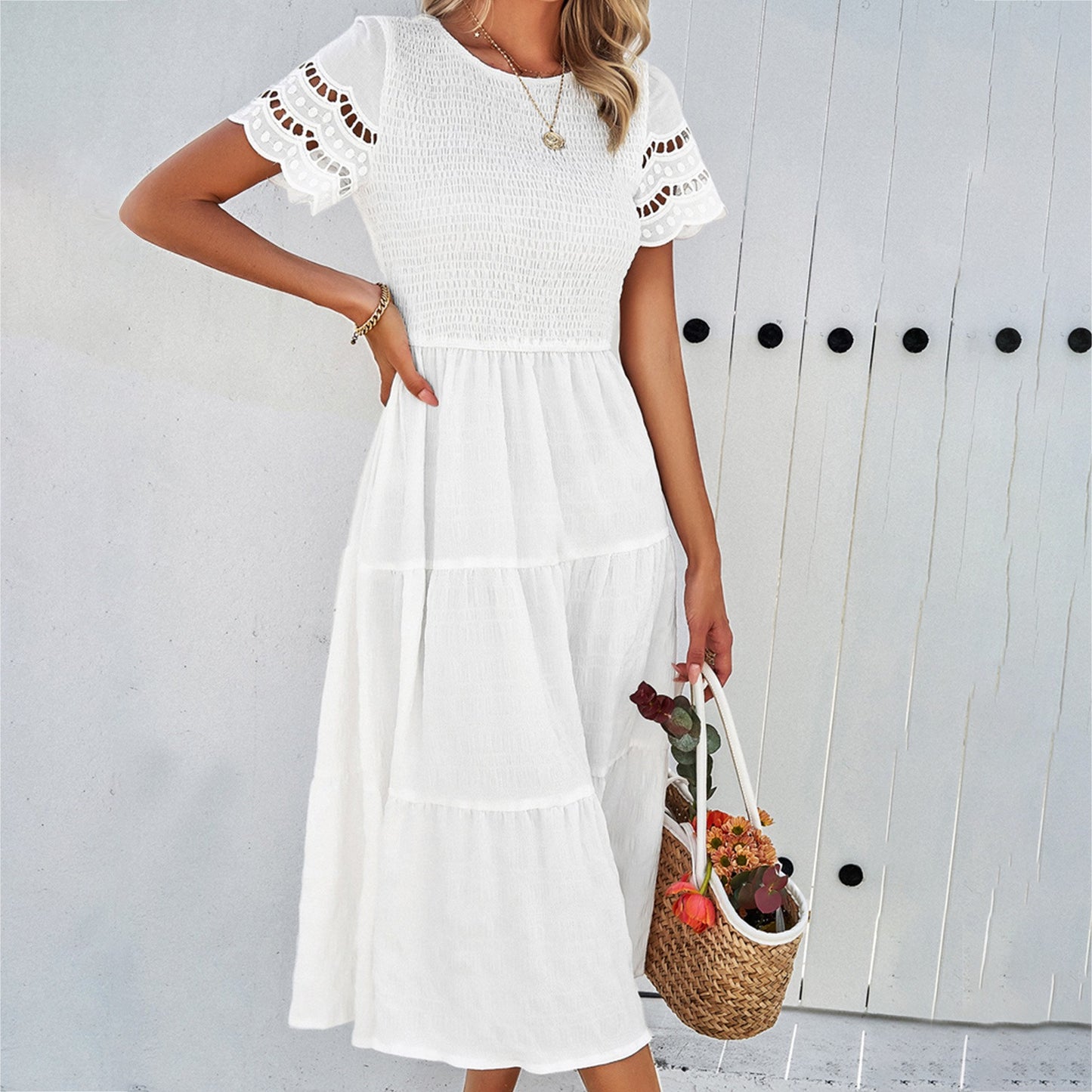 Spring and summer pure color temperament play sheath hollow dress