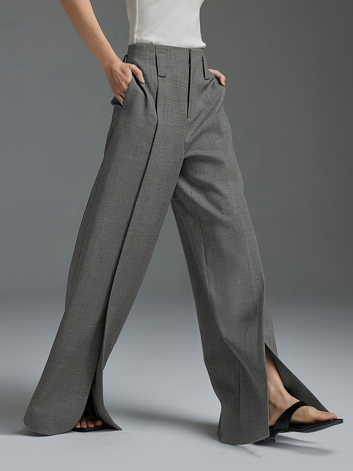 Chic Solid Color Wide Leg Pants - Trendy Casual Split Hem - Ultra-Comfortable Loose Fit for Spring & Summer - Fashionable Womens Suit Pants