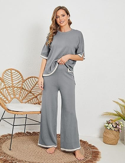 New summer knitted suit sweater suit short-sleeved pullover wide-leg pants - Mammalook