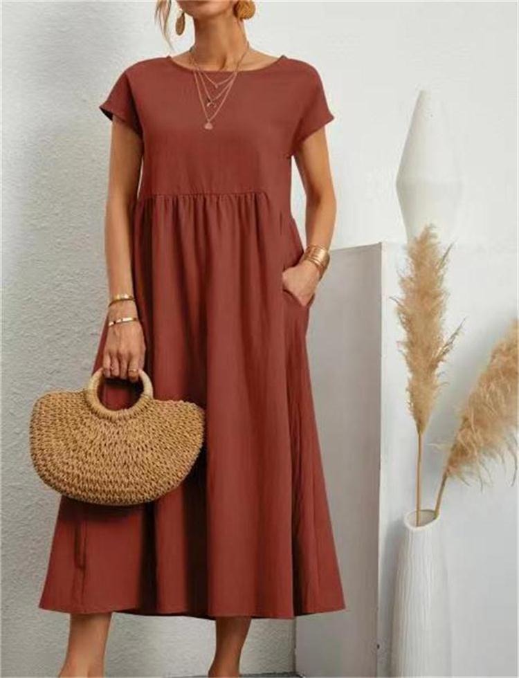 Solid color sleeveless loose pocket cotton linen dress