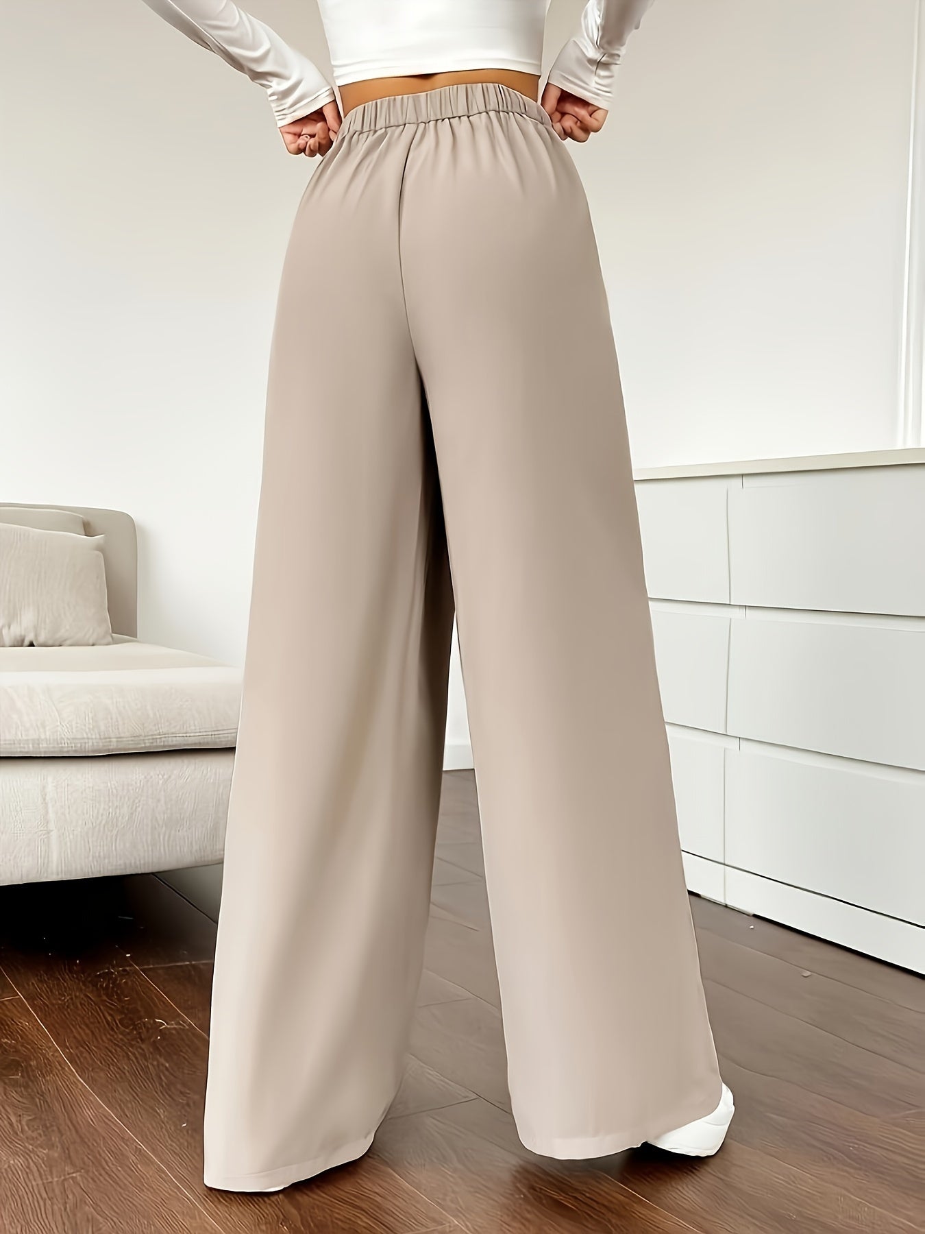 Solid Color High Waist Pants, Elegant Dual Pockets Wide Leg Pants For Spring & Summer, Women's Clothing