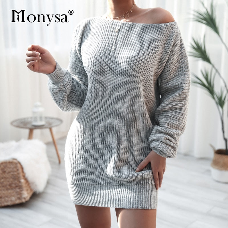 Off Shoulder Knitted Sweater Dresses For Women Autumn Winter Lantern Long Sleeve Dress Ladies Casual Dress White Black