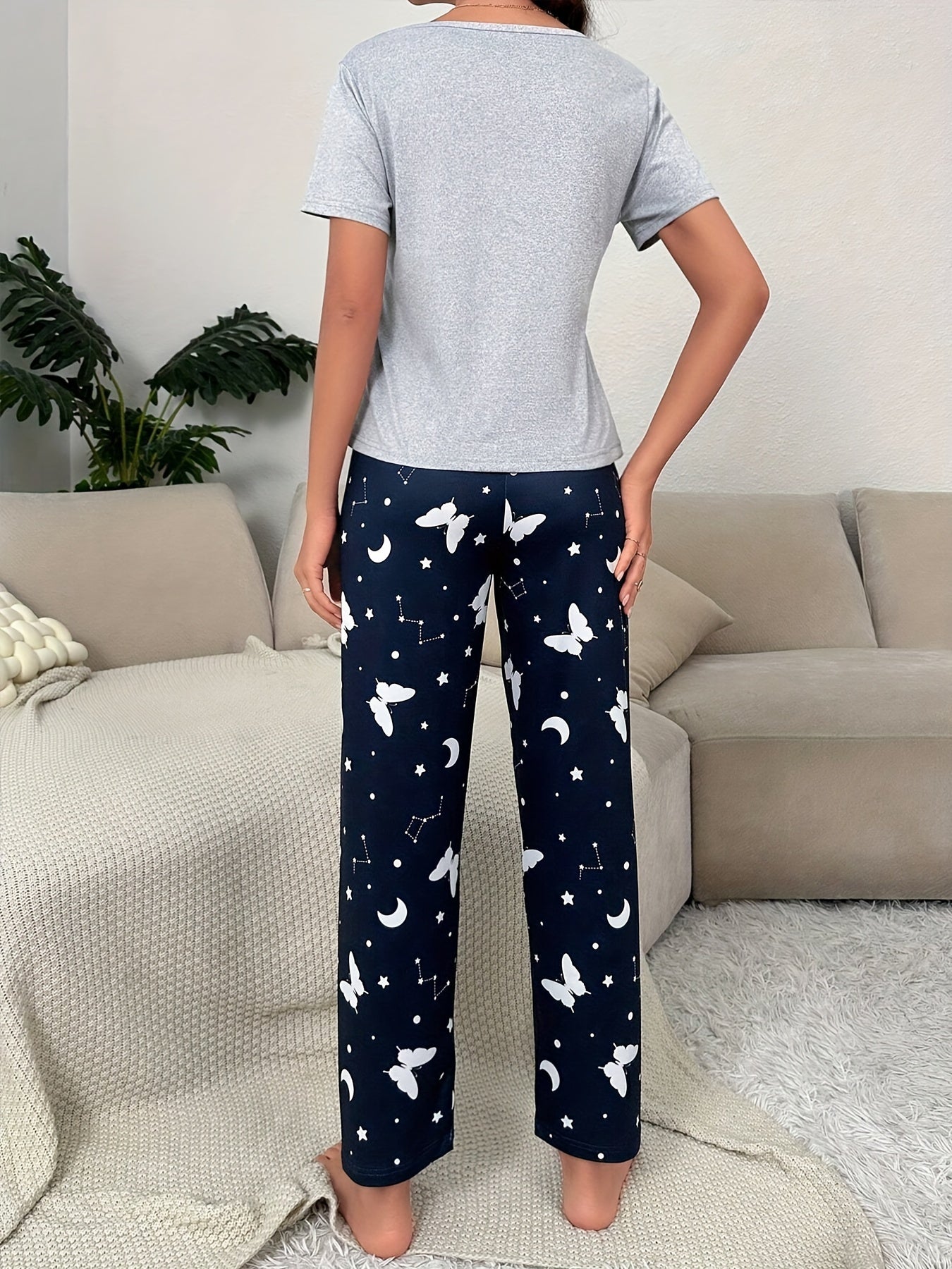 Women's Butterfly & Constellation Print Casual Pajama Set, Short Sleeve Round Neck Top & Pants, Comfortable Relaxed Fit