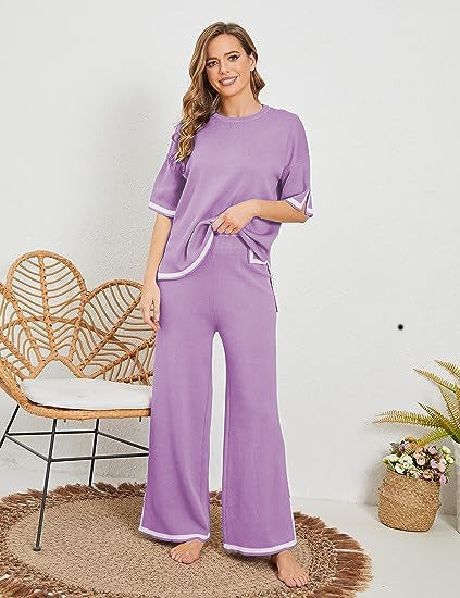 New summer knitted suit sweater suit short-sleeved pullover wide-leg pants - Mammalook