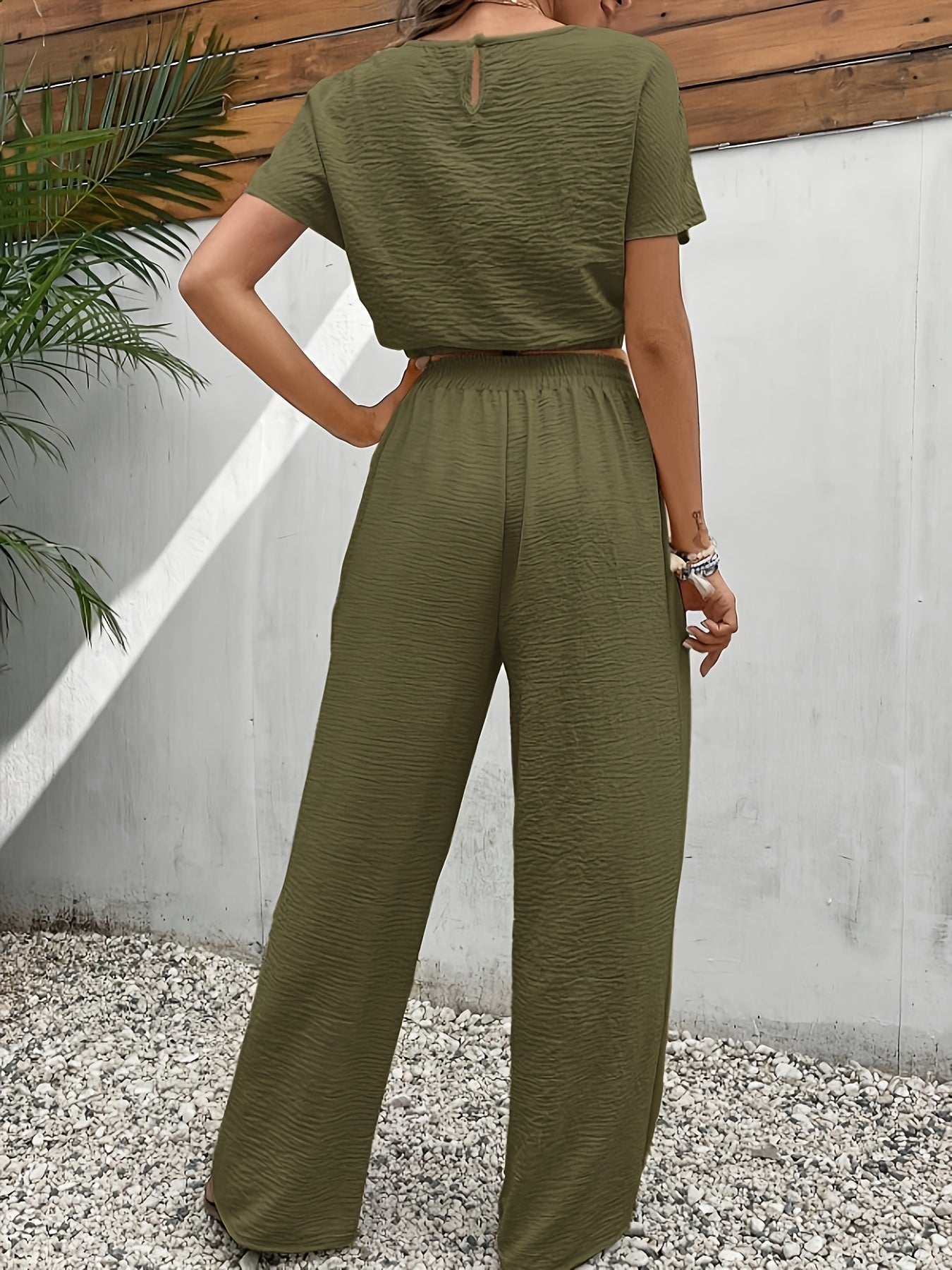 Solid Color Casual Pants Set, Crew Neck Short Sleeve Top & Tie Front Pants Outfits, Women's Clothing