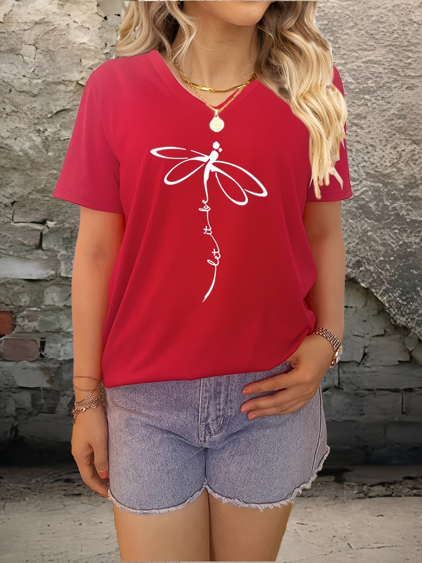 Dragonfly & Letter Print V Neck T-shirt, Casual Short Sleeve T-shirt For Summer, Women's Clothing