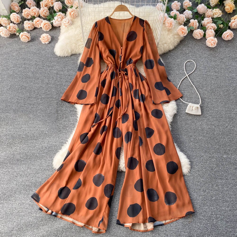 Tingfly Women France Chi Polka Dot Print Bohemian Casual Wide Leg Trousers Jumpsuits Chiffon Summer Boho Beach Style Overalls