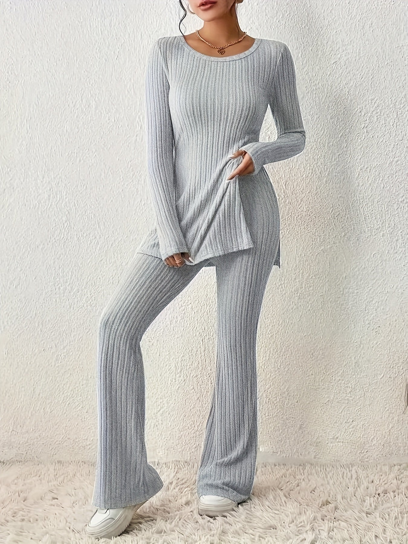 Ribbed Solid Two-piece Set, Split Crew Neck Long Sleeve Tops & Flared Leg Pants Outfits, Women's Clothing