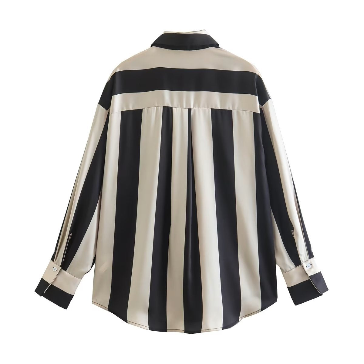 Autumn New Loose Slim Tricolor Vertical Stripe Splice Shirt Top Women