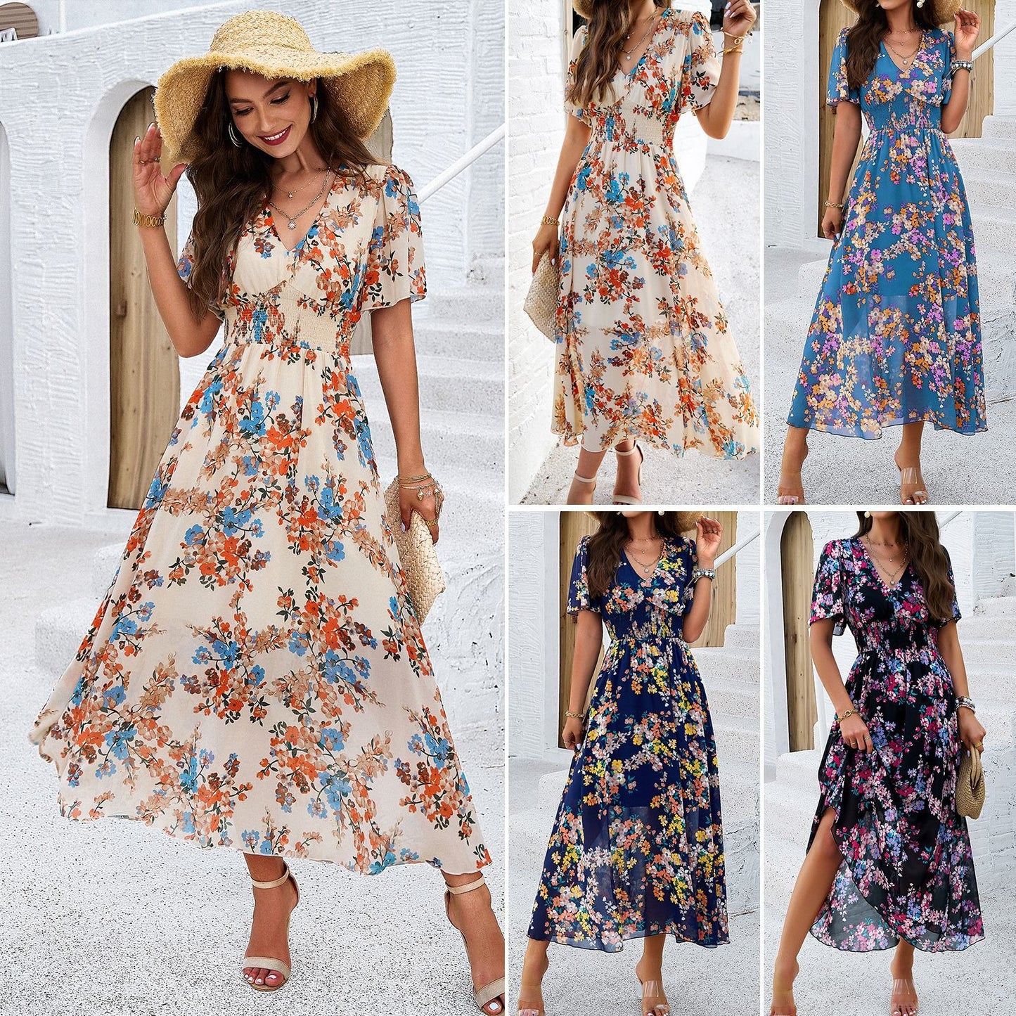 Kurzärmliges Kleid im Frühlings-/Sommerstil mit Print an der Taille für Damen