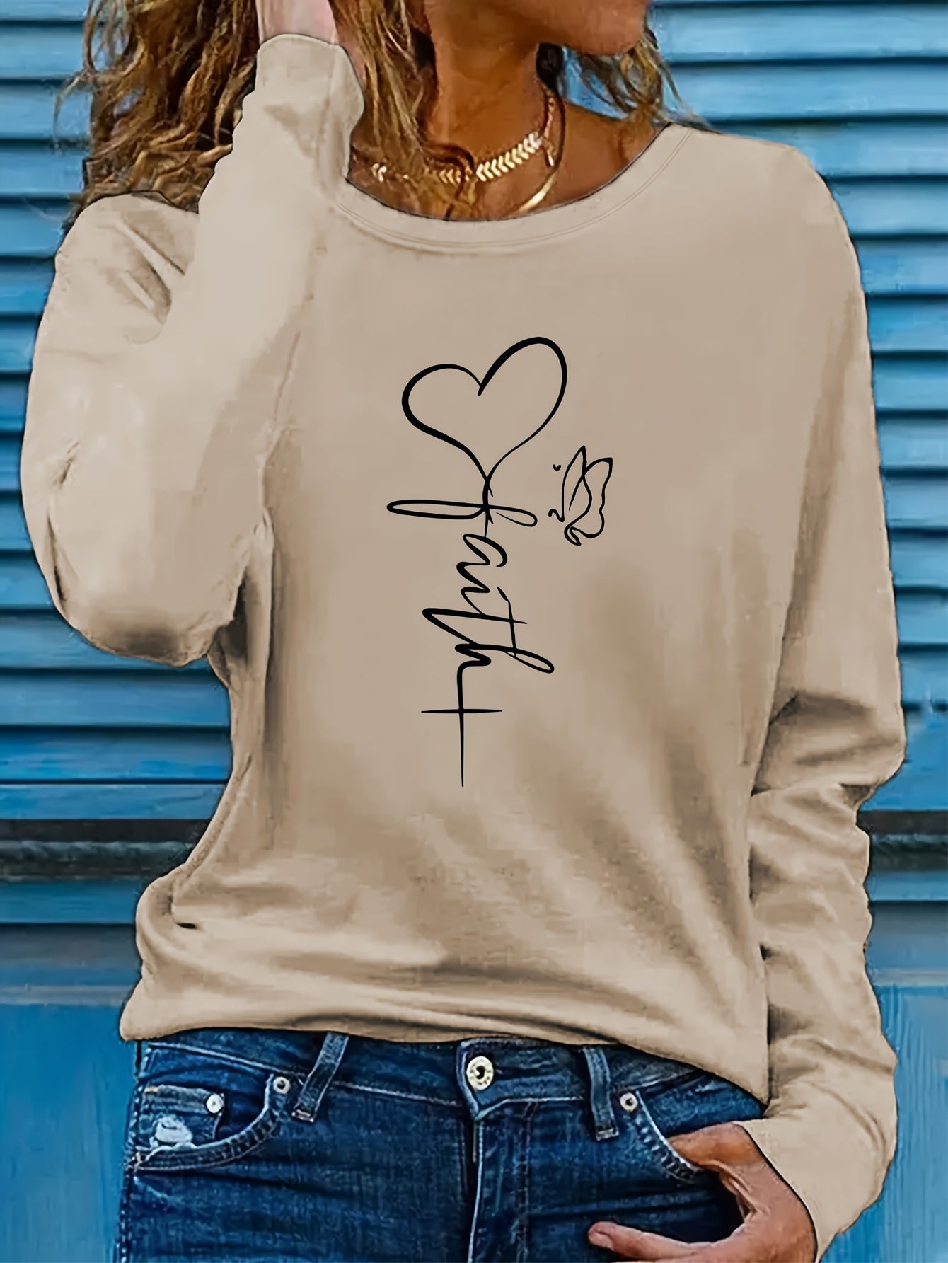 Butterfly & Heart Print Crew Neck T-Shirt, Casual Long Sleeve T-Shirt For Spring & Fall, Women's Clothing