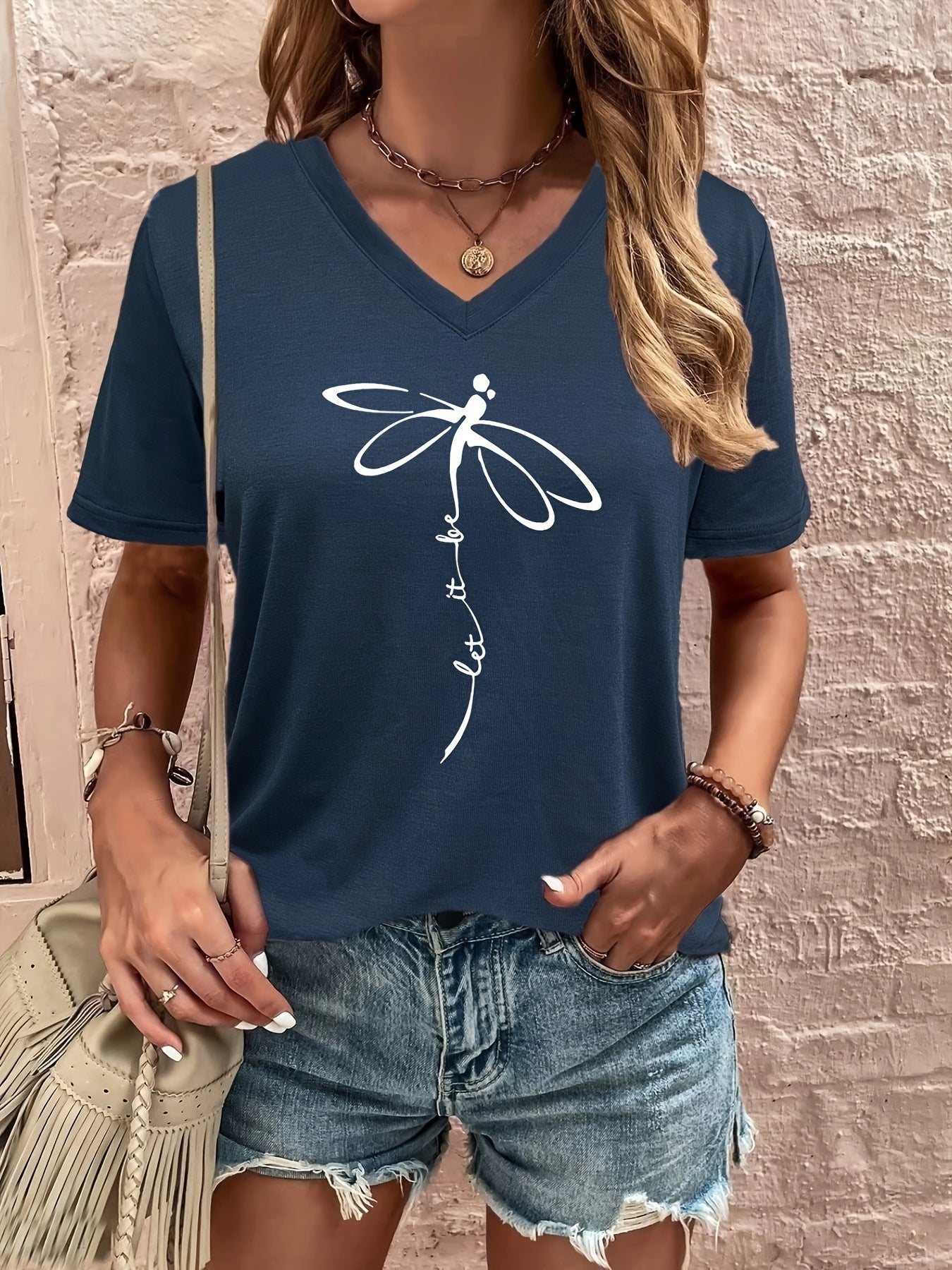 Dragonfly & Letter Print V Neck T-shirt, Casual Short Sleeve T-shirt For Summer, Women's Clothing