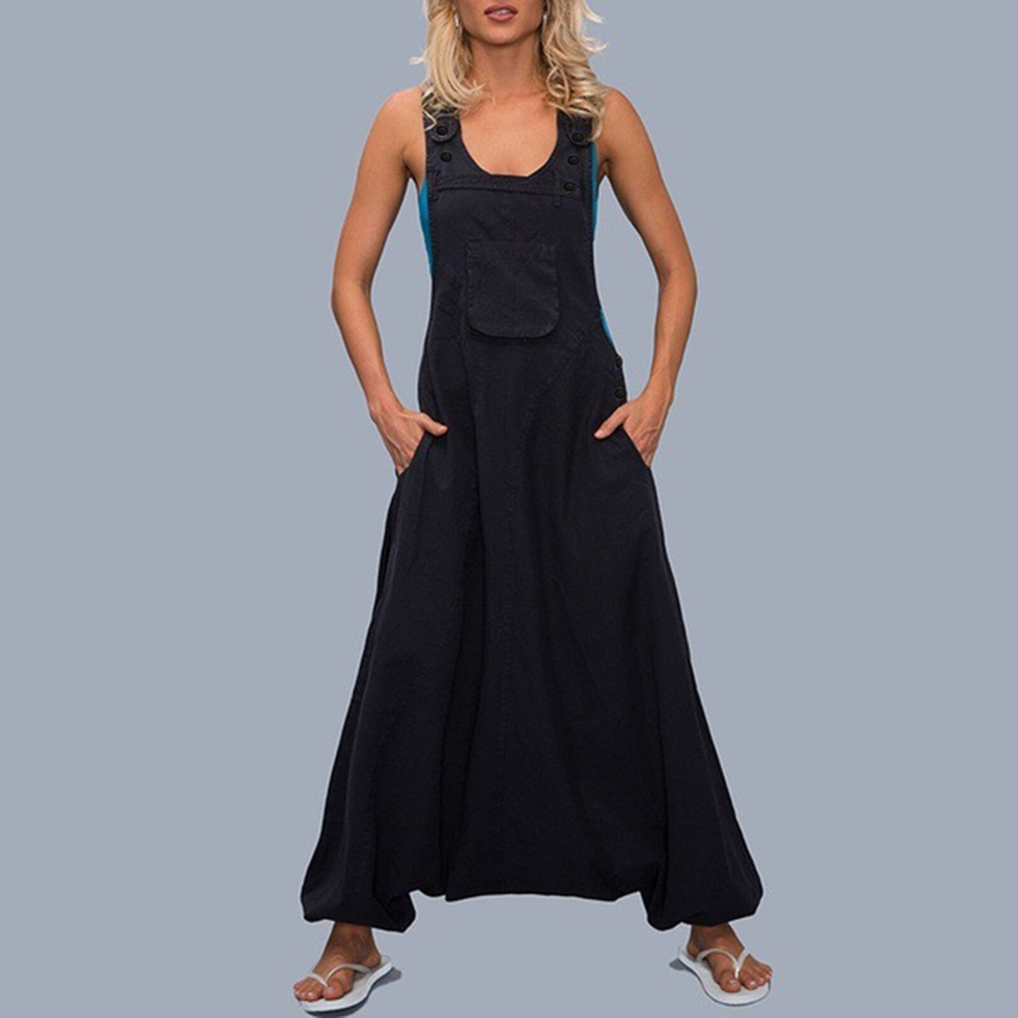 Lockere Jumpsuits für Damen, Haremshose, weite Hose, ärmellos, Taschen, Latz-Overall, siamesische Hose für Damen, große Größe S-2XL