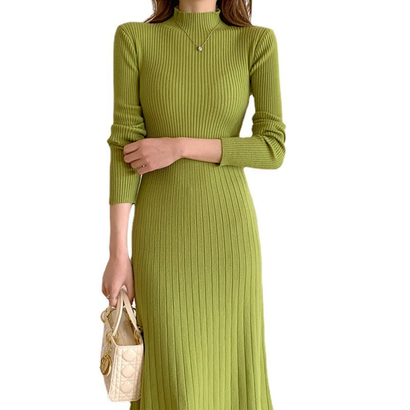 Mid length knee length sweater skirt with a half high collar and a bottom A-line knitted dress for women - Mammalook