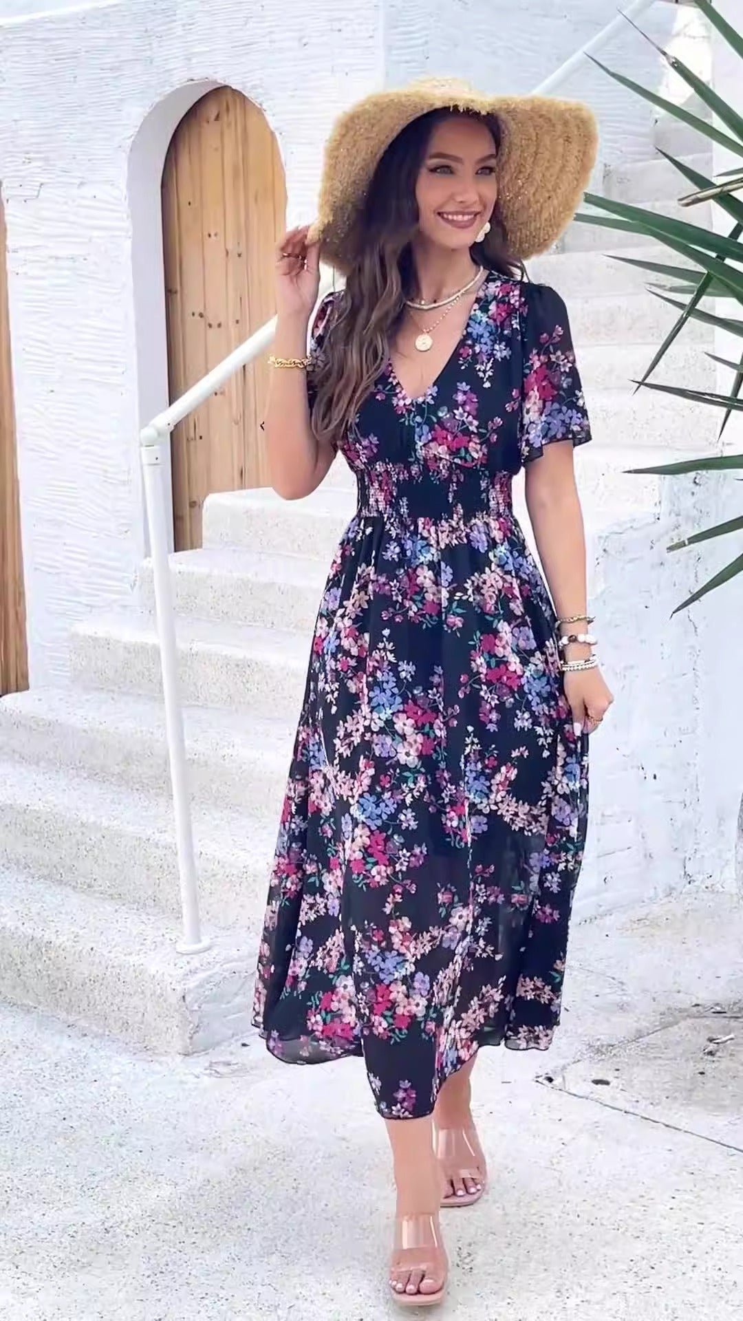 Kurzärmliges Kleid im Frühlings-/Sommerstil mit Print an der Taille für Damen