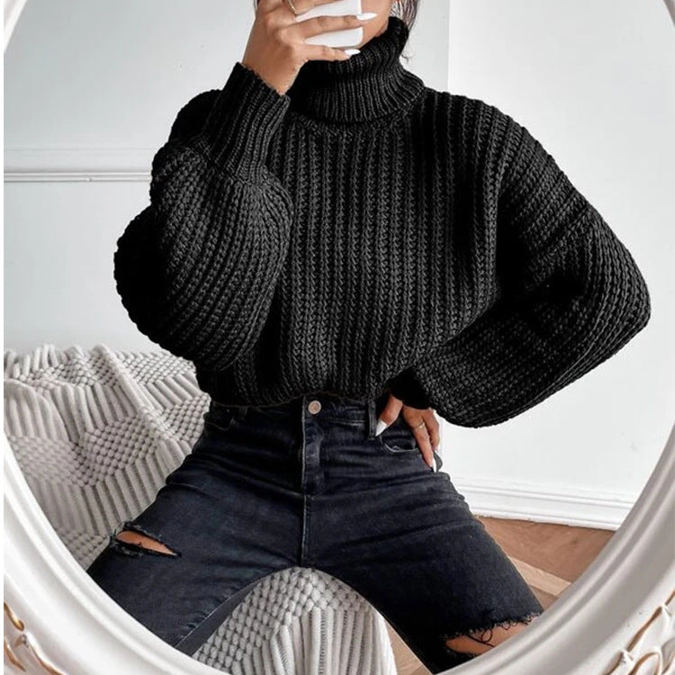 Fall Shoulder Long Sleeve Knitted Turtleneck Sweater for Women