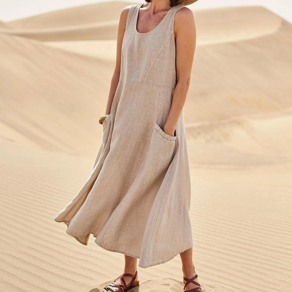 Pocket sleeveless round neck women's cotton and linen dress