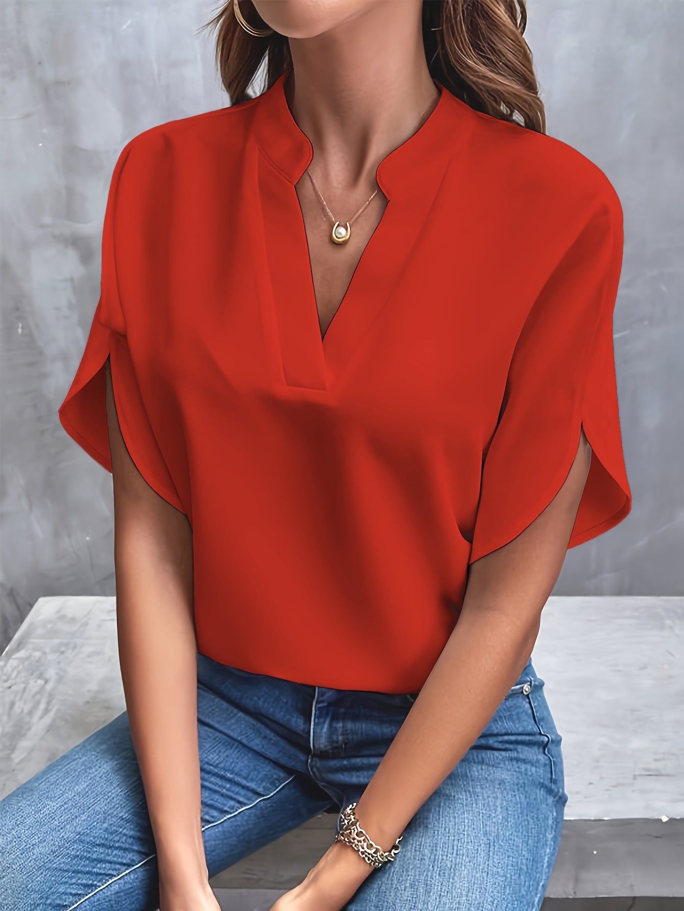 Solid Color Notch Neck Blouse, Casual Short Split Sleeve Blouse For Spring & Summer, Women's Clothing