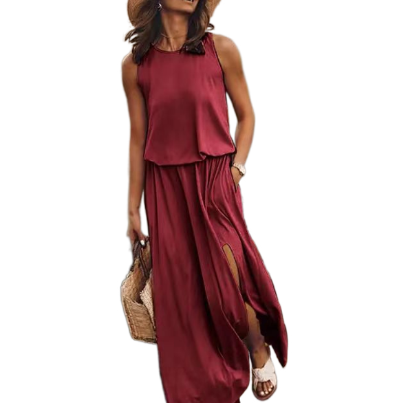 Solid color round neck sleeveless suspender lantern split dress