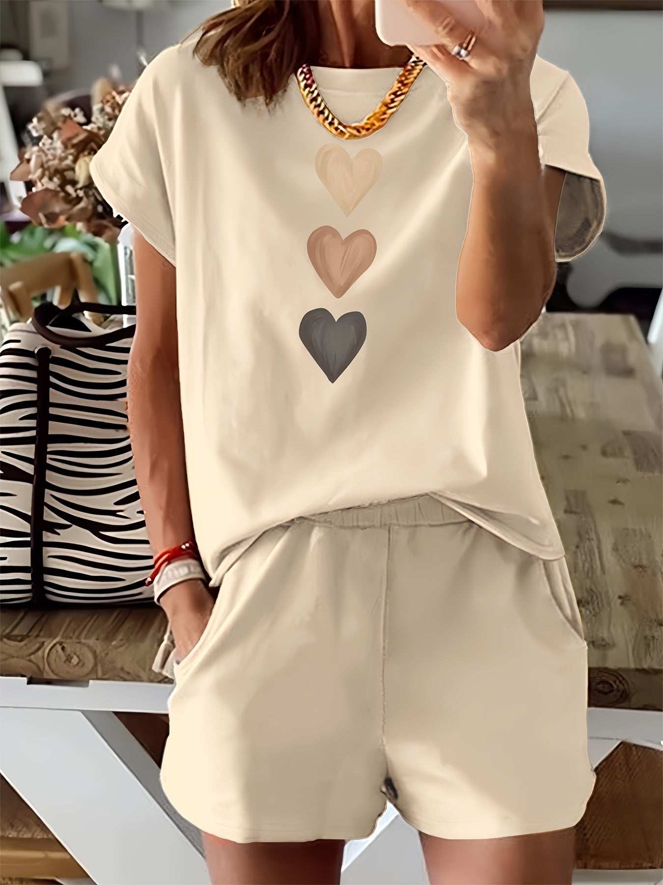 Heart Print Casual Two Piece Set, Crew Neck Short Sleeve T-shirt & Elastic Waist Slant Pocket Shorts Outfits, Women's Clothing