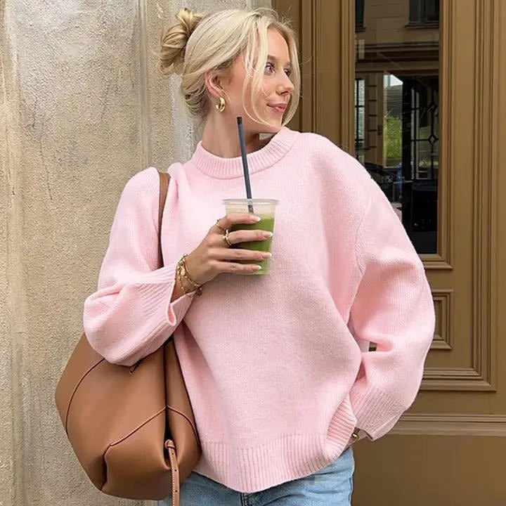 Round Neck Barbie Pink Loose Casual Pullover Sweater