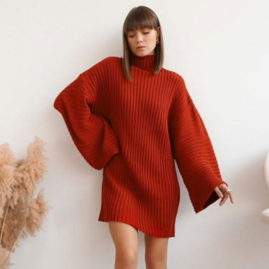 Turtleneck Knitted Women's Sweaters Pullover Solid Casual Loose Flare Sleeve Elegant Dresses For Female Winter Ladies Dress