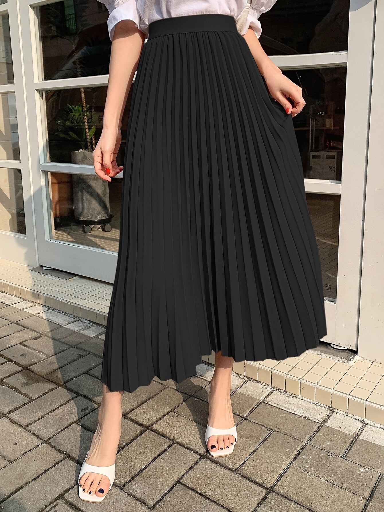 Solid Color Elastic High Waist Skirt, Elegant A-line Pleat Midi Skirt For Spring & Summer, Women's Clothing