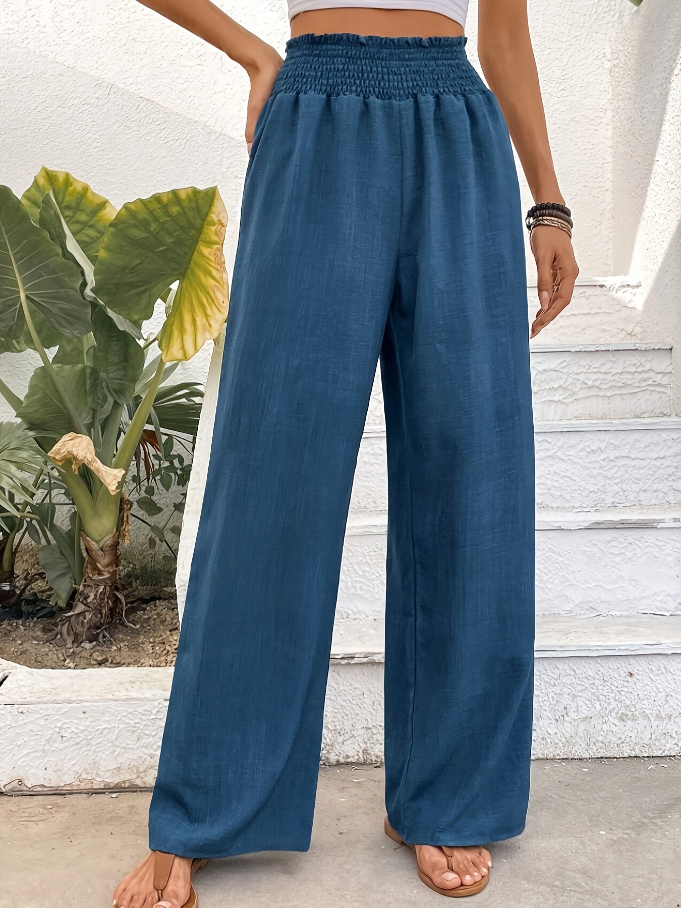 Solid Color Wide Leg Pants, Casual Shirred Loose Pants For Spring & Summer, Women's Clothing