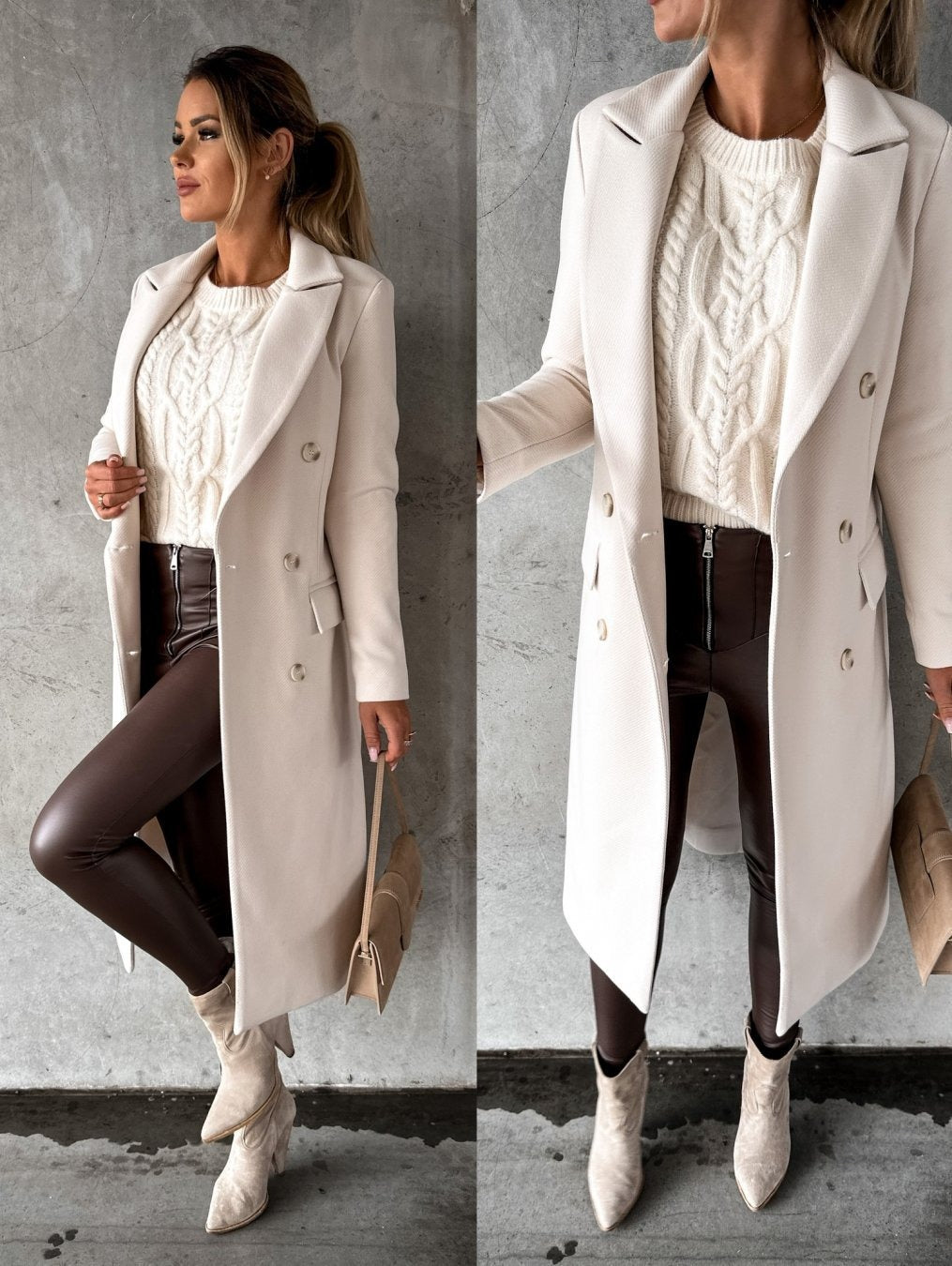 Fashionable Minimalist Long-Sleeved Double-Breasted Woolen Jacket for Women