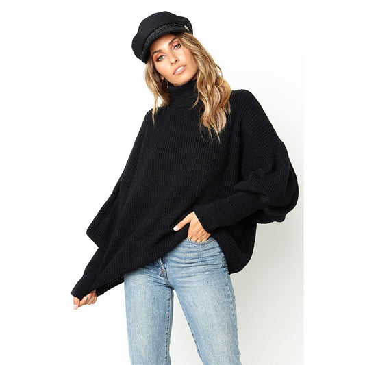 Turtleneck red winter sweater women knit Lantern sleeve white sweater female Loose oversized pullover knitted jumper