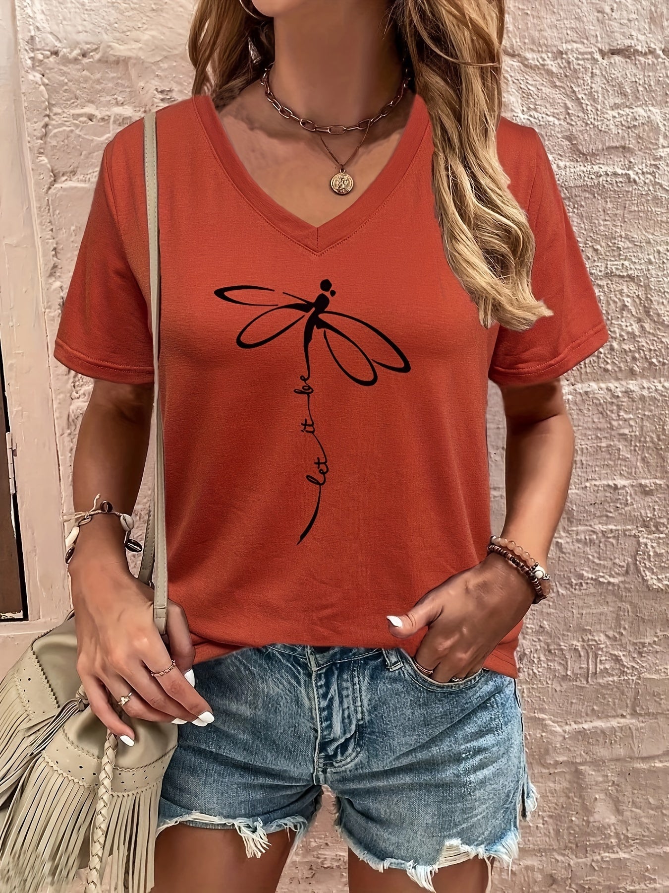 Dragonfly & Letter Print V Neck T-shirt, Casual Short Sleeve T-shirt For Summer, Women's Clothing