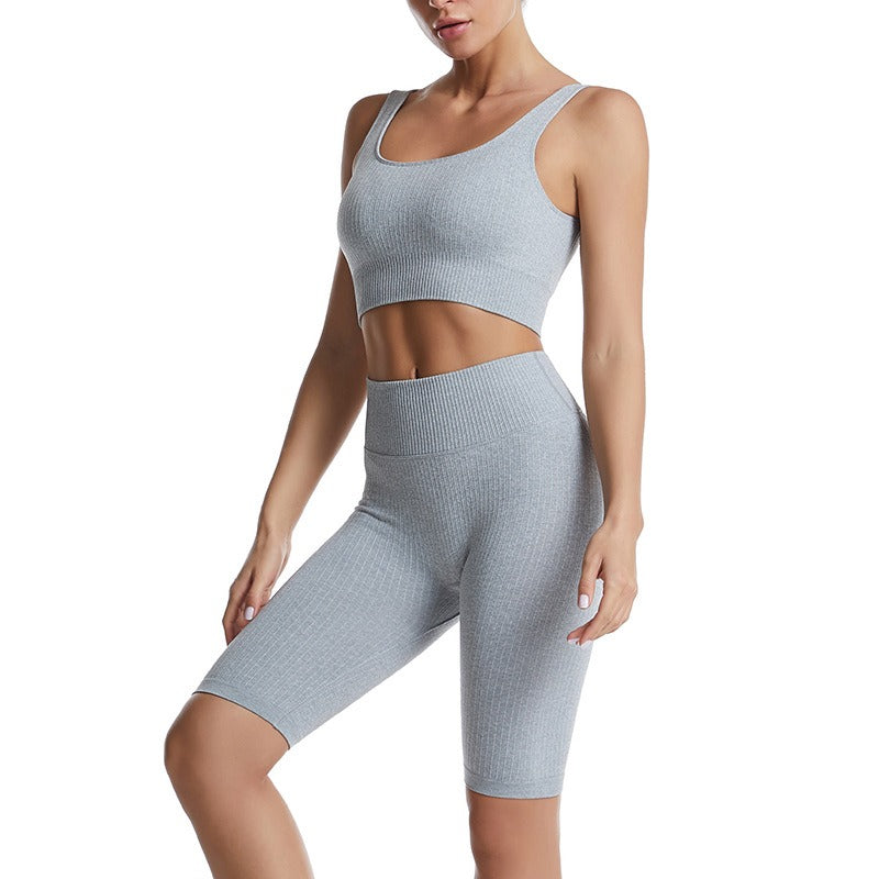 Threaded Yoga Suit Sportswear Summer Short-Sleeved Shorts Bra Tight-Fitting Clothes