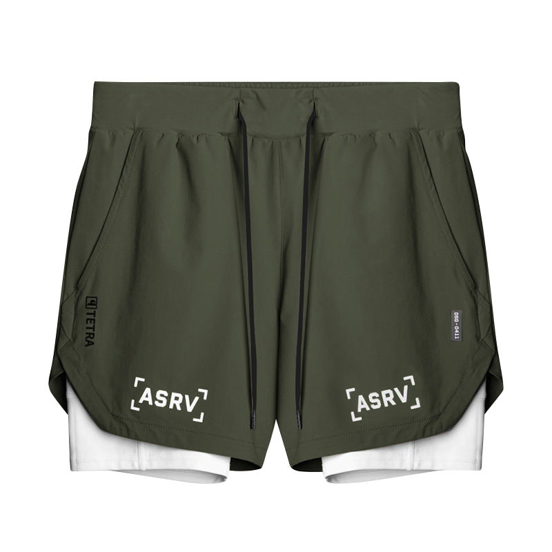 Tragen Sie Sommersportshorts für Herren, gefälschte zweiteilige, schnelltrocknende, doppellagige Basketballhose, Anti-Lauftrainingshose mit fünf Punkten