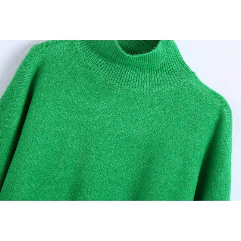 Women Fashion Solid Knit Sweater Top Long Sleeves High Neck Vintage Female Knitted Sweaters Pullover Chic Tops