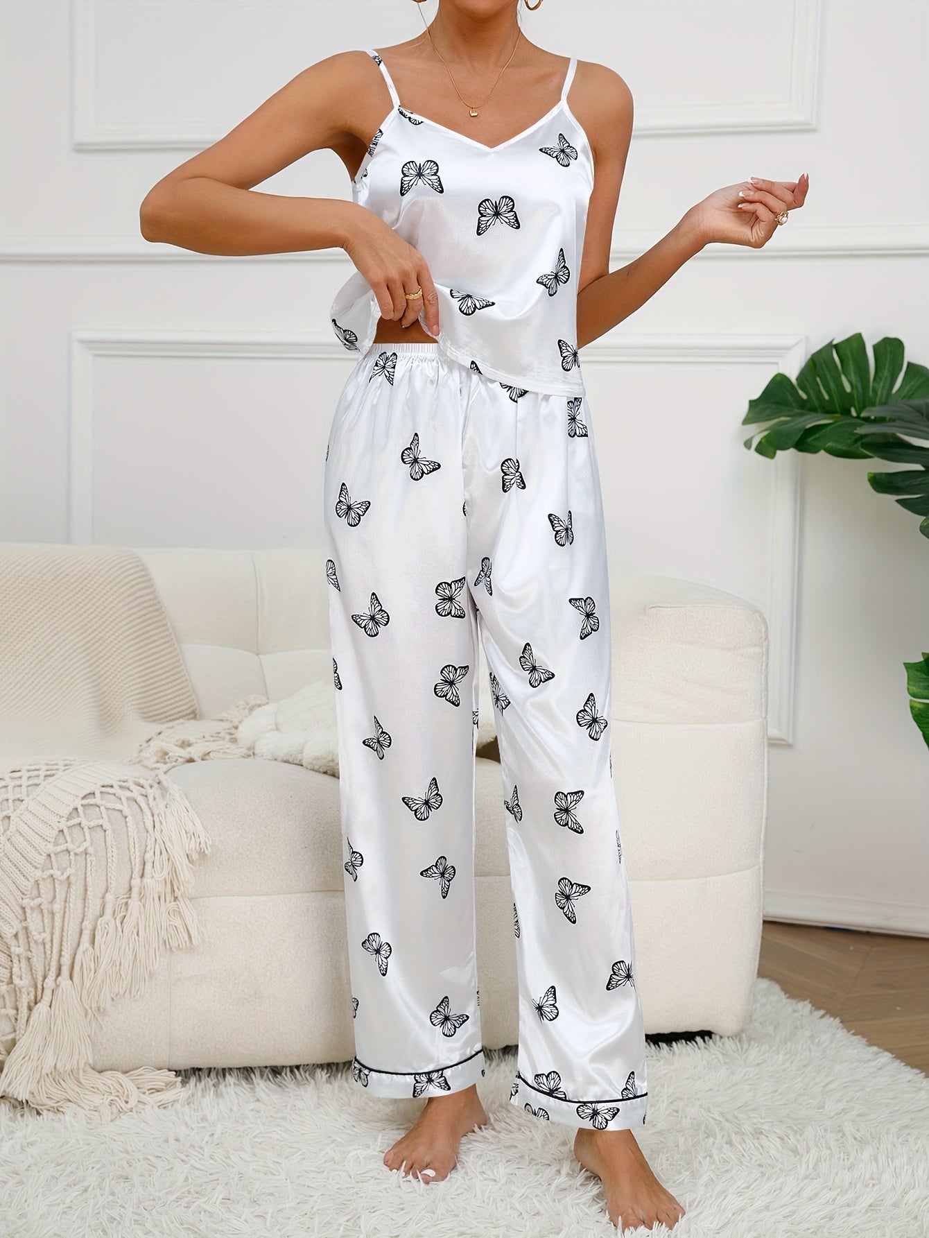 Butterfly Print Pajama Set, V Neck Cami Top & Elastic Waistband Pants, Women's Sleepwear & Loungewear