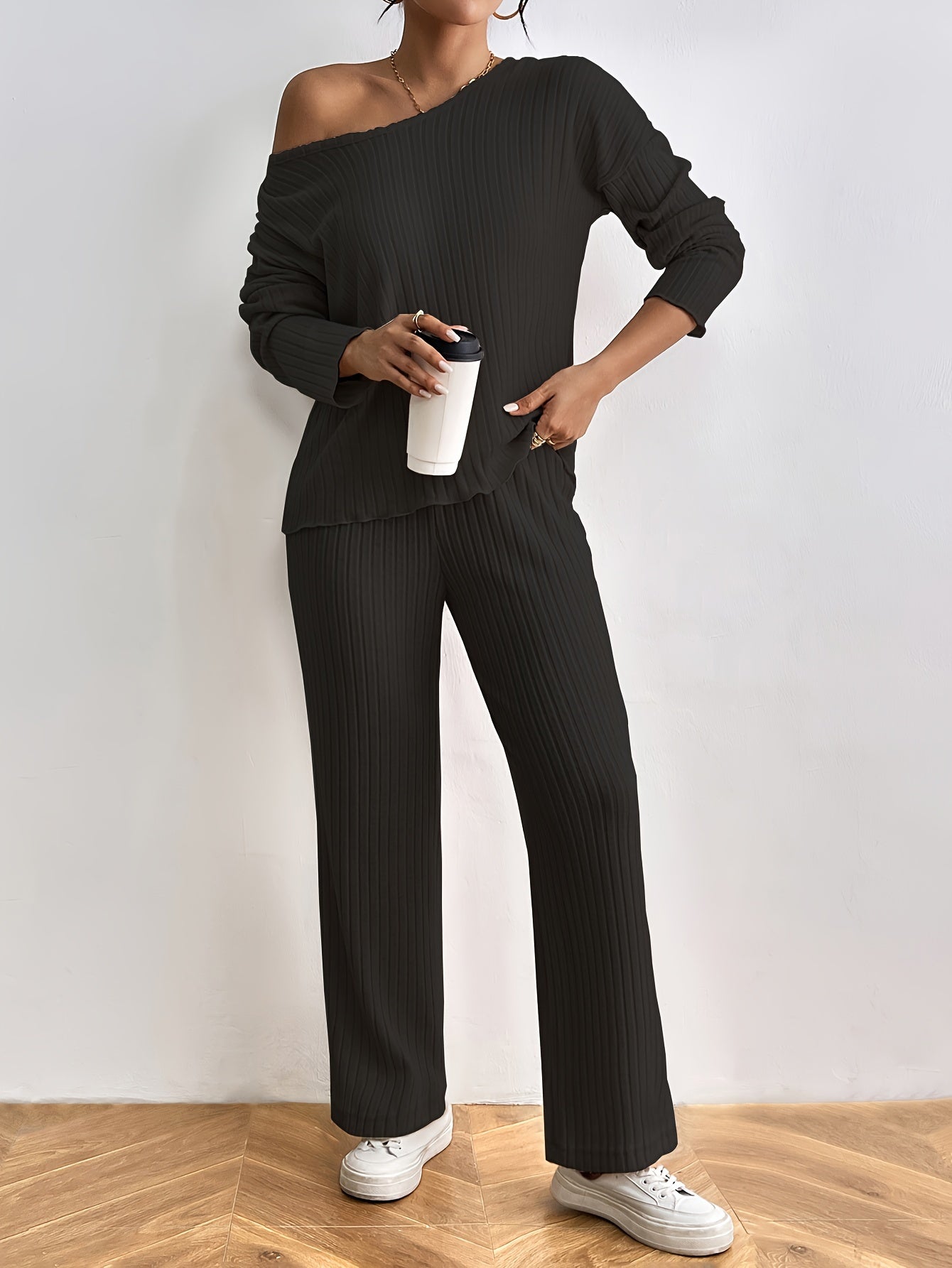 Women's Casual Ribbed Two-Piece Set: V-Neck Long Sleeve Top & Pants