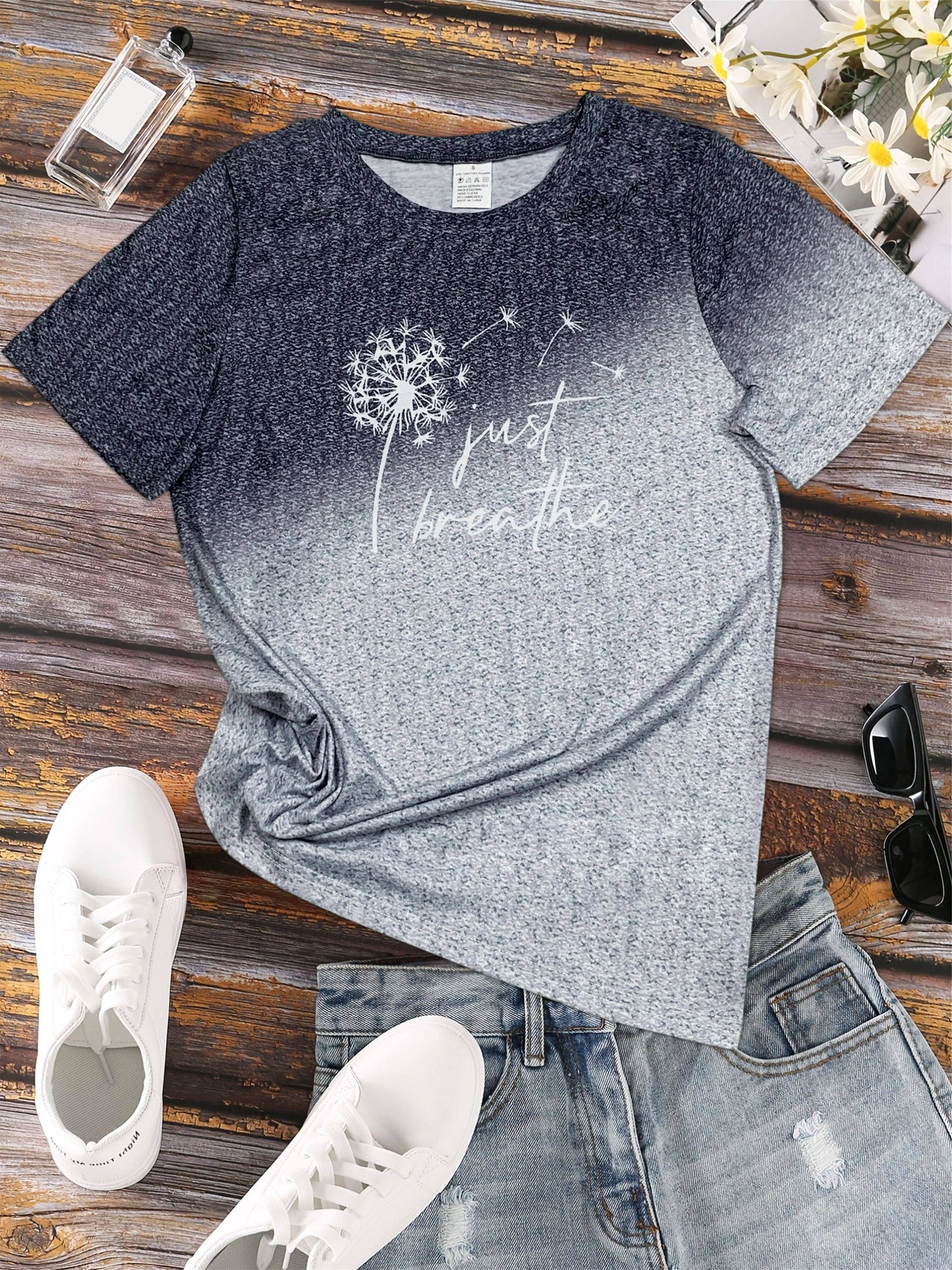 Just Breathe & Dandelion Print T-shirt, Casual Crew Neck Short Sleeve Top, Women's Clothing